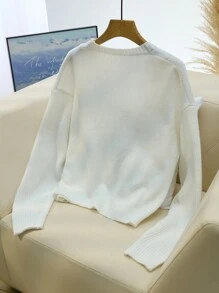 SHEIN Frenchy Áo len cardigan dài tay có túi thắt nơ thời trang thu đông cỡ lớn cho nữ, màu trắng, dễ thương, màu đen, áo len cardigan thắt nơ, giản dị, ấm áp, đa năng, có nút trang trí - trắng - Xem 3