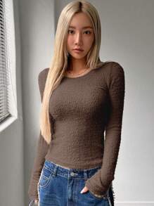 DAZY 女士休闲纯色蓬松针织修身T恤长袖女式上衣 - 棕色 - 查看 4