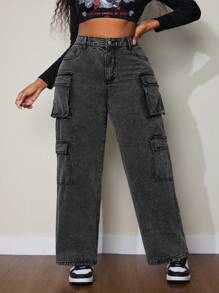SHEIN SXY Plus Size Damskie Jednokolorowe Luźne Kieszenie Swobodne Uniwersalne Jeansy Cargo