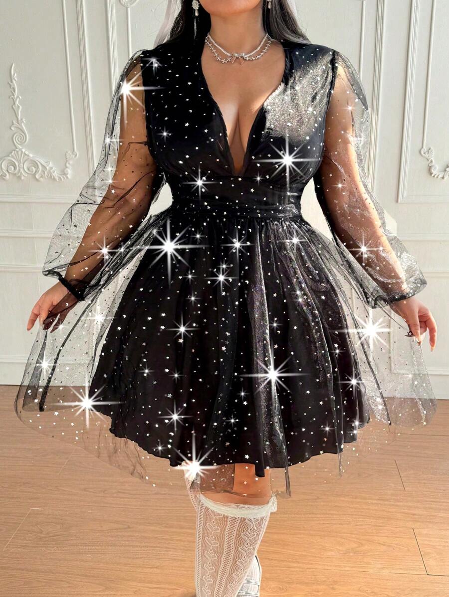 Flirla Plus Size Women Rhinestone Design Sheer Lantern Sleeve Elegant Dress - Black - View 1