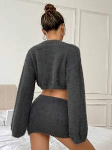 SHEIN Unity Bộ 2 món: Áo len cổ tròn trơn màu đơn giản và chân váy - Màu xám đen - Xem 2