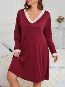 Color Block Lace Patchwork V-Neck Long Sleeve Casual Plus Size Nightgown