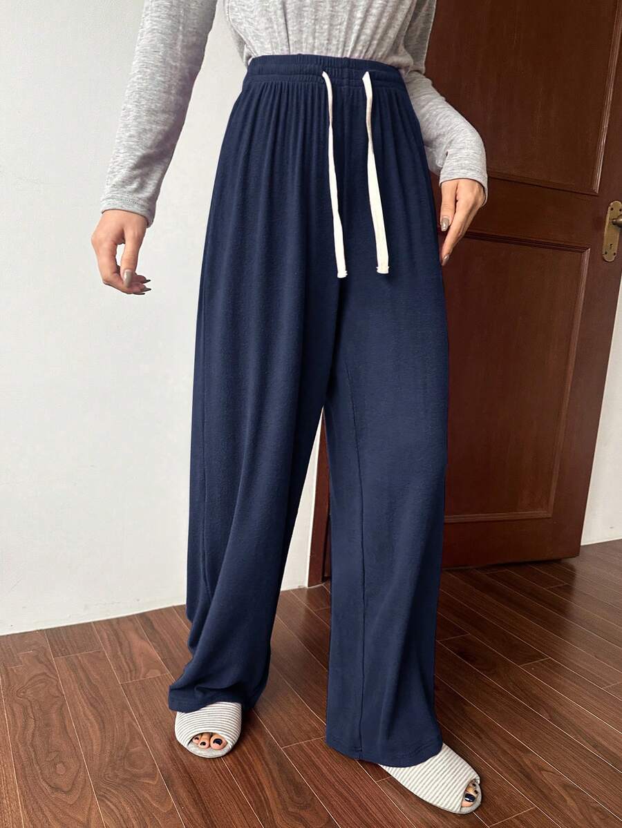 DAZY Women's Drawstring Waist Simple Knit Straight Leg Lounge Pants - Royal Blue - View 1