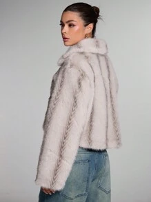 SHEIN BAE 女款冬季短款毛茸茸休閒外套 復古淺灰色動物紋毛皮 優雅晚宴派對聖誕感恩節短版毛絨夾克 - 淺灰色 - 查看 5