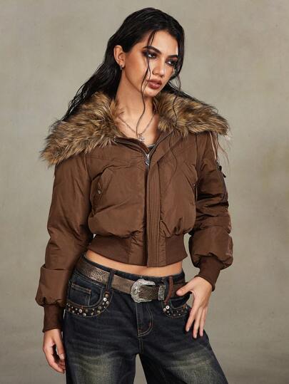 Grunge Punk Snow Outfit Street Style Sexy Sweatshirt, Vintage Zipper Front Fluffy Collar Padded Coat For Women