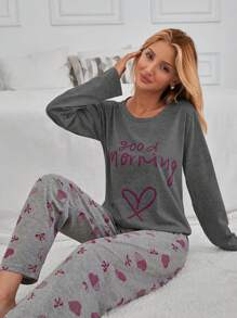 EURMUSE 100% Cotton 2Pcs  Contrast Colour Heart Printed PJ Set - Dark Grey - View 4