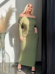 SHEIN SXY Plus Size Solid Color Off Shoulder Fitted Elegant Long Sleeve Dress