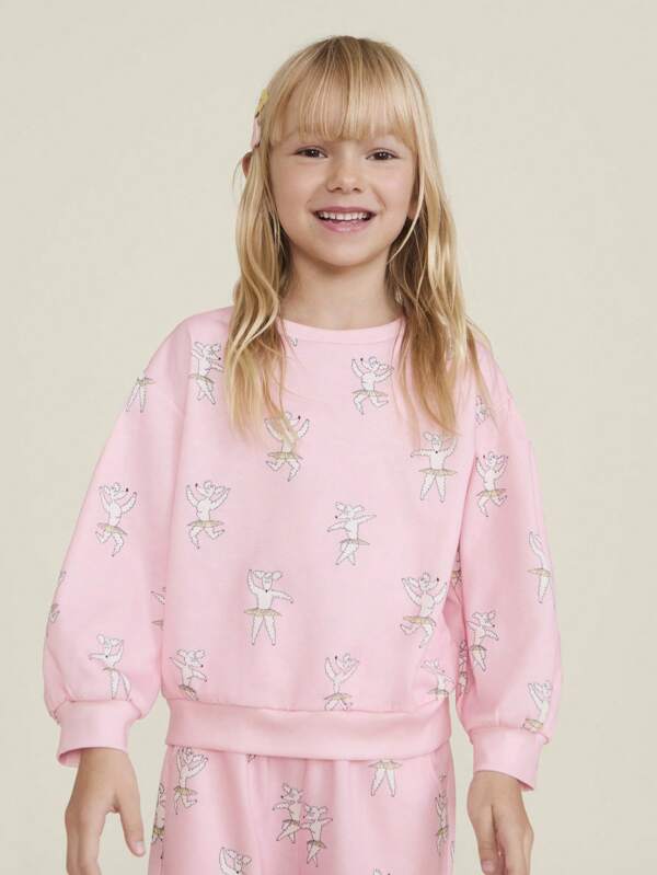 THE HAPPY LOOK Young Girl Pink Cartoon Print Crew Neck Casual Loose Drop Shoulder Sweatshirt For Autumn/Winter