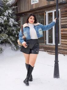 SHEIN EZwear Veste en jean vintage lavée en coton non stretch style Y2K pour femmes grandes tailles, veste en jean thermique avec col en peluche pour femmes pour l'hiver, Noël, Thanksgiving