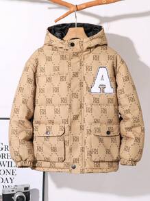 Tween Boy Allover Graphic Casual Bomber Jacket, Suitable For Commuting, School, Daily Casual, College Style, Sports, Autumn/Winter - Brown - View 6