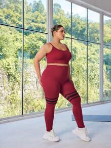 Easithlete Damen Große Größen Set aus einfarbigem Trägertop und gestreifter Leggings mit hoher Taille, nahtloser Trainingsanzug für den täglichen Workout im Fitnessstudio - Verschiedenfarbig - Übersicht 6