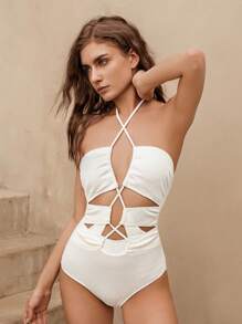 SHEIN Swim 1pc Women's Solid Color Textured Fabric Halter Backless Elegant Vacation One Piece Swimsuit Summer