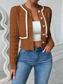 Chiquease Women Twisted Knot Cable Knit Ribbed Trim Cardigan For Autumn/Winter Fall Cloth For Women - Brown - View 6