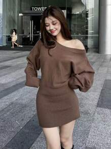 SHEIN ICON 1pc Women Solid Round Neck Batwing Long Sleeve Slim Knitted Sweater Dress, Autumn/Winter Fall Cloth For Women