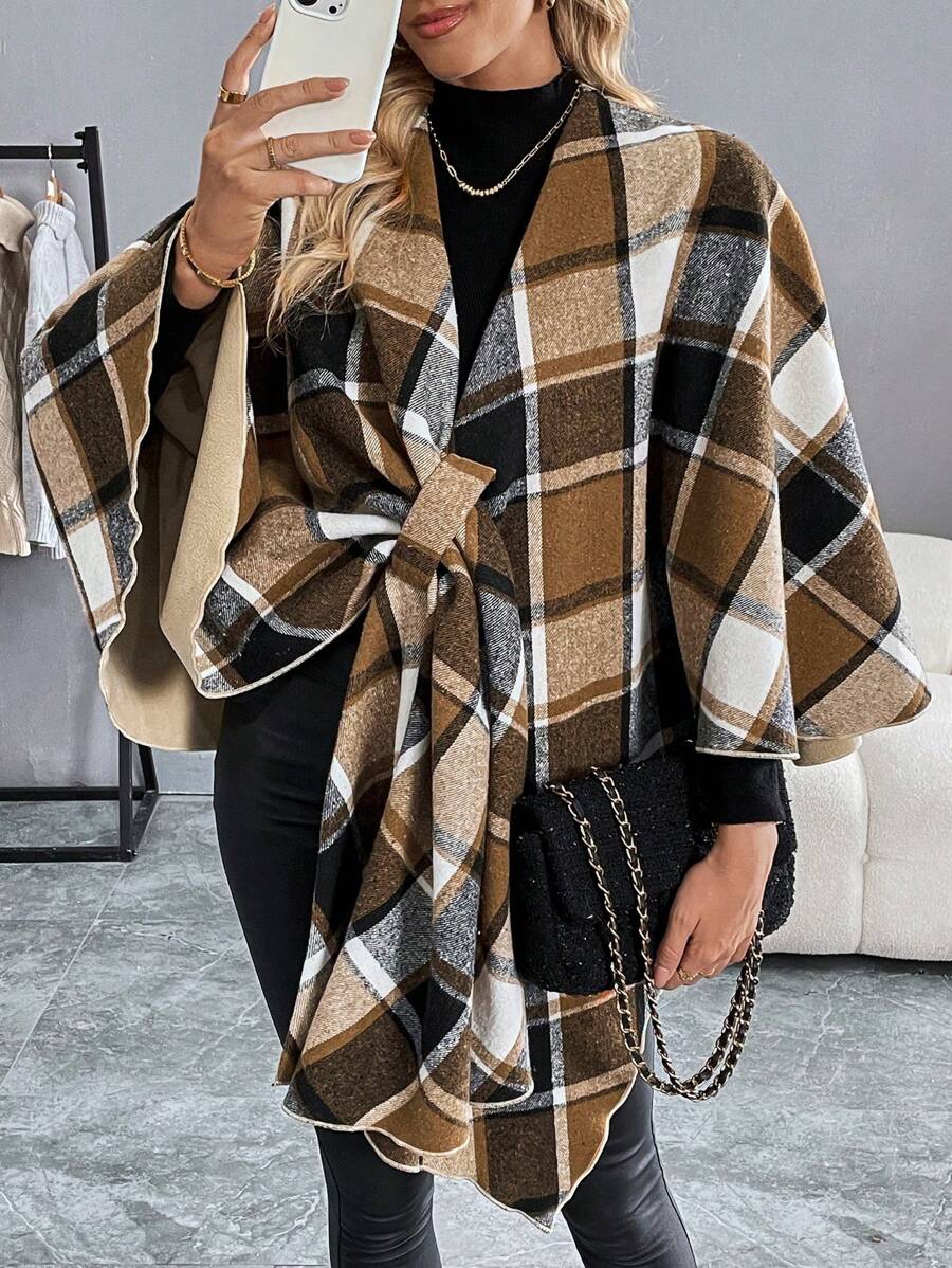 SHEIN Clasi 女式复古休闲优雅格子羊毛斗篷斗篷外套，秋冬 - 卡其色 - 查看 1