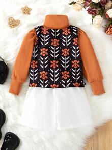 3pcs/Set Young Girl Solid Stand Collar Long Sleeve Top, Floral Print Vest And Loose Shorts Set, Casual For Autumn - Brown - View 2