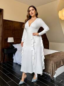 SHEIN Privé 大码女式深 V 褶边下摆长袖优雅连衣裙 - 白色 - 查看 5