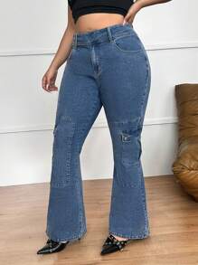 SHEIN Essnce Quần Jeans Ống Loe Co Giãn Màu Xanh Skinny Size Lớn - Màu xanh lam - Xem 3