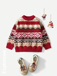 SHEIN Young Boy Casual Colorblock Geometric Jacquard Crew Neck Sweater, Autumn/Winter Fall - Red - View 5
