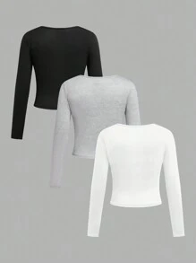 SHEIN Girlism Set de 3 blusas de manga larga de cuello redondo ajustadas de unicolor en estilo casual urbano para niñas preadolescentes - Gris Claro - Ver 2