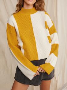 WESTFADE 春季双色拼色条纹立领长袖宽松针织毛衣 - 彩色 - 查看 1