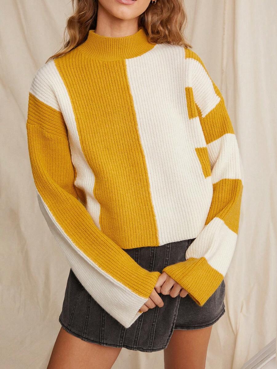 WESTFADE 春季双色拼色条纹立领长袖宽松针织毛衣 - 彩色 - 查看 1
