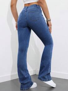 SHEIN ICON Women Front Button Pocket Simple Flare Denim Casual Jeans , Daily Wear Y2k - Dark Wash - View 2