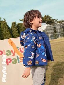 SHEIN 1 pieza Abrigo de invierno para niño pequeño con estampado de planeta divertido, lindo/vintage/casual/para casa/para exteriores en invierno/otoño - Azul Marino - Ver 5