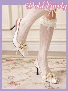 Dola Lovely Women's High Heel Pumps Solid Pink Bow And 3D Flower Pointy Toe With Ankle Strap, Suitable For All Seasons For Christmas And New Year Holiday Vibe Fall And Winter