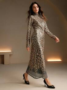 Anewsta Vestido de fiesta con cuello alto, estampado de leopardo con lentejuelas, largo, para mujer, outfit para fiestas - Marrón - Ver 6