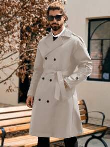 Manfinity Homme 男士纯色双排扣休闲长袖风衣，秋季，风衣，送给男朋友的礼物，老钱风格 - 杏色 - 查看 3