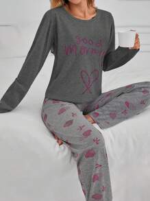 EURMUSE 100% Cotton 2Pcs  Contrast Colour Heart Printed PJ Set - Dark Grey - View 5