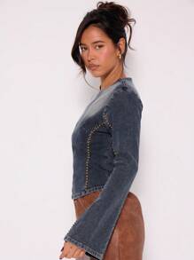 MUSERA Denim Studded Long Sleeve Top Spring 90's Cute Sexy Y2k Summer