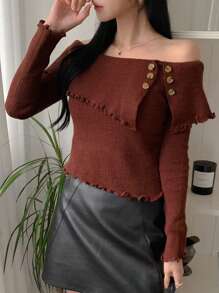 DAZY 女士修身露肩毛衣，纯色，长袖露肩毛衣，秋季服装 - 酒紅色 - 查看 4