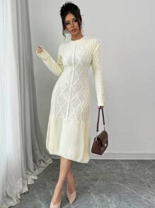 Elenzga Vestido tipo jersey con cuello redondo, flores y diseño entallado para mujer