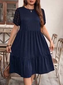 EMERY ROSE Plus Size Solid Color Round Neck Short Sleeve Ruffled Simple Casual Short Dress, For Summer - Navy Blue - View 3