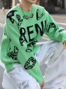 Manfinity EMRG Men's Casual Contrast Pattern Round Neck Green Graphic Color Block Pullover Long Sleeve Sweater, Autumn/Winter, For Going Out, Friends