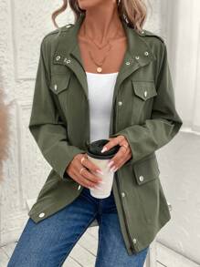 EMERY ROSE Women Casual Multi-Pocket Zip Up Lightweight Jacket, Suitable For Autumn - Army Green - View 5