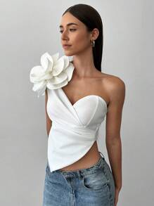 Aloruh Top de tirantes ajustado de unicolor con decoración floral 3D para mujer