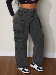 SHEIN SXY Plus Size Damskie Jednokolorowe Luźne Kieszenie Swobodne Uniwersalne Jeansy Cargo