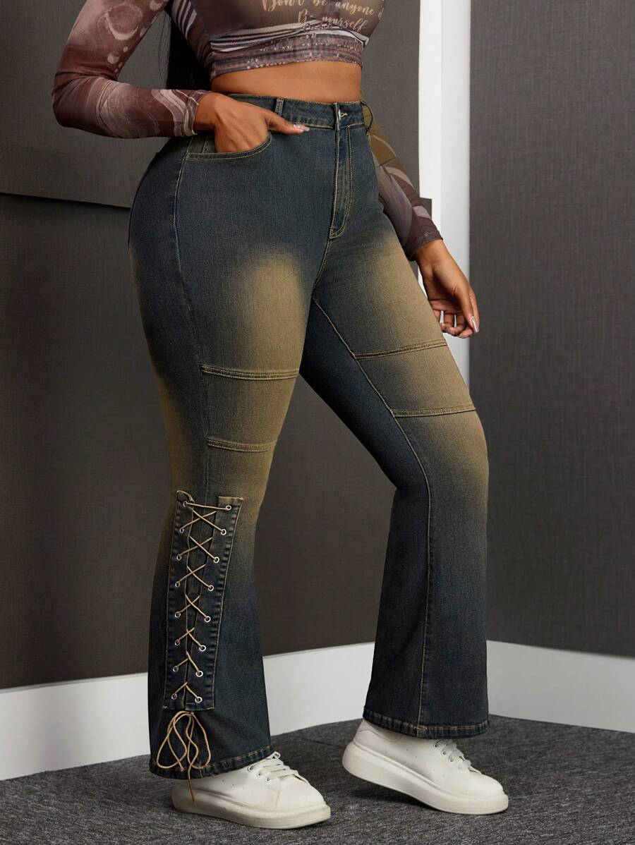 SHEIN SXY Plus Size Casual Washed Vintage Cross-Tied Fitted Flare Jeans - Black - View 1