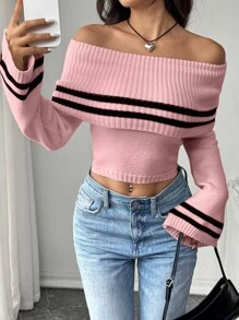 SHEIN Unity Women's Striped Foldover Off-Shoulder Bell Sleeve Cropped Casual Pullover Sweater For Autumn/Winter Knit Pullover Fall - Dusty Pink - View 5