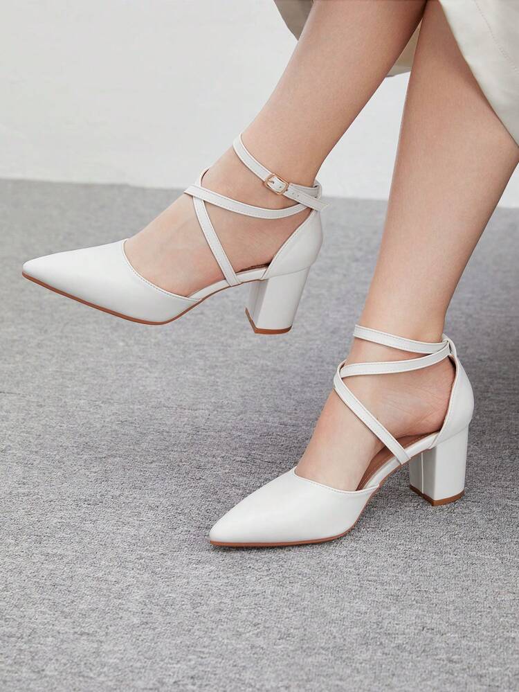 CUCCOO BIZCHIC Women Fashion White Ankle Strap Crisscross Point Toe Thick High Heel Pumps, Suitable For Commute, Date, Party, Shopping, Holiday Spring Shoes Spring Break Easter For Christmas Spring Shoes