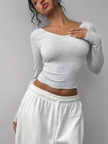 SHEIN BASICS 女式修身 V 领长袖纯色针织 T 恤 - 淺灰色 - 查看 6