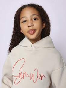 SUMWON Signature Collection Script Logo Pullover Hootdie Soft Fleece Kangaroo Pocket Youth Streetwear Casual Winter Fall Wear - 卡其色 - 查看 3
