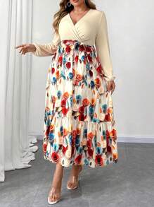 Flirla Plus Size Cross V-Neck Puff Sleeve Knitted Patchwork Print Dress - Multicolor - View 1