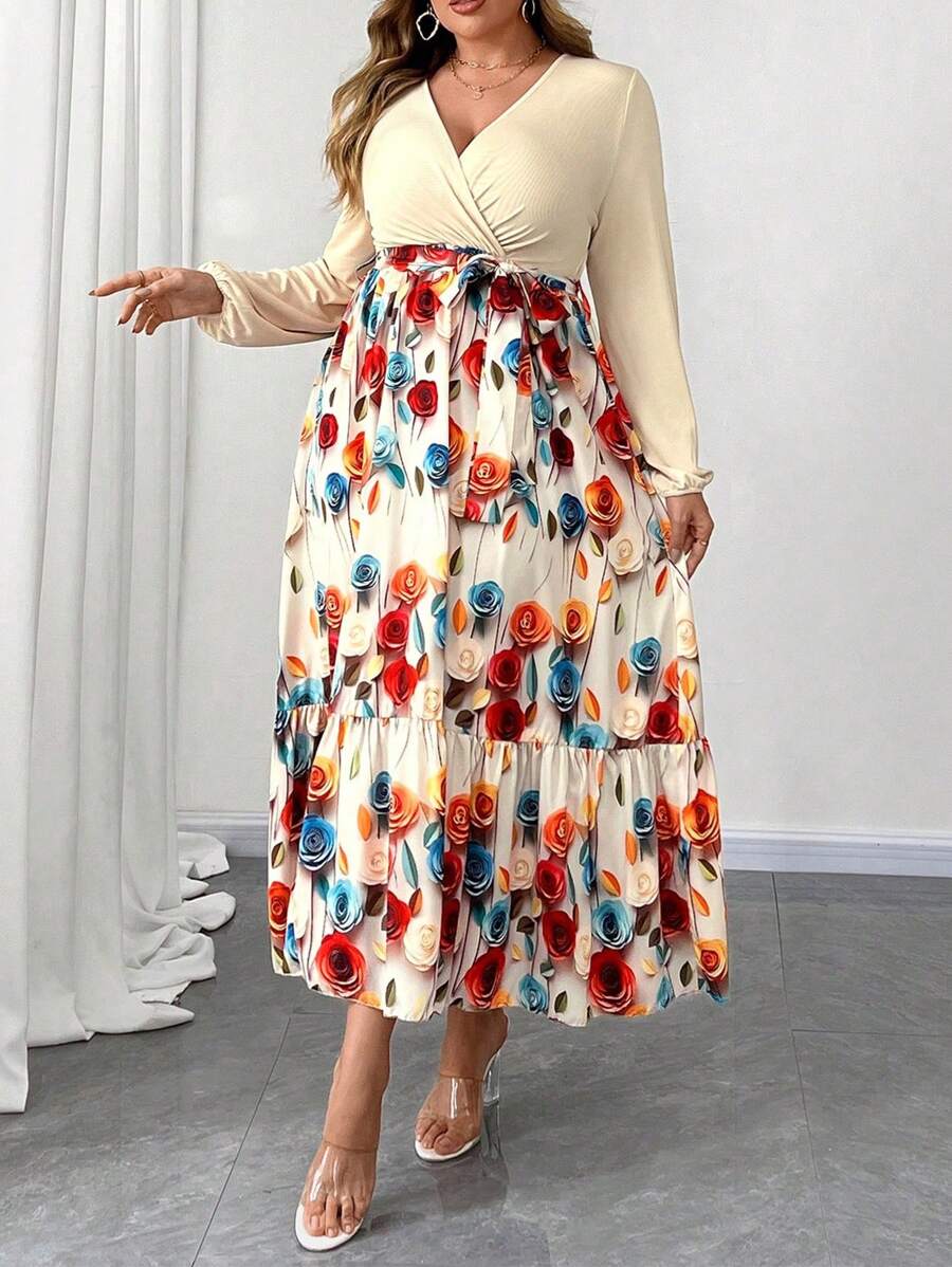 Flirla Plus Size Cross V-Neck Puff Sleeve Knitted Patchwork Print Dress - Multicolor - View 1