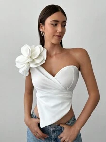 Aloruh Top de tirantes ajustado de unicolor con decoración floral 3D para mujer