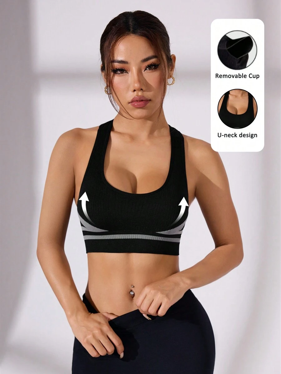 SHEIN Sutien sport fără cusături de culoare contrastantă pentru femei pentru fitness de zi cu zi