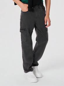SHEIN Tween Boy Flap Pocket Side Cargo Jeans - Dark Grey - View 1